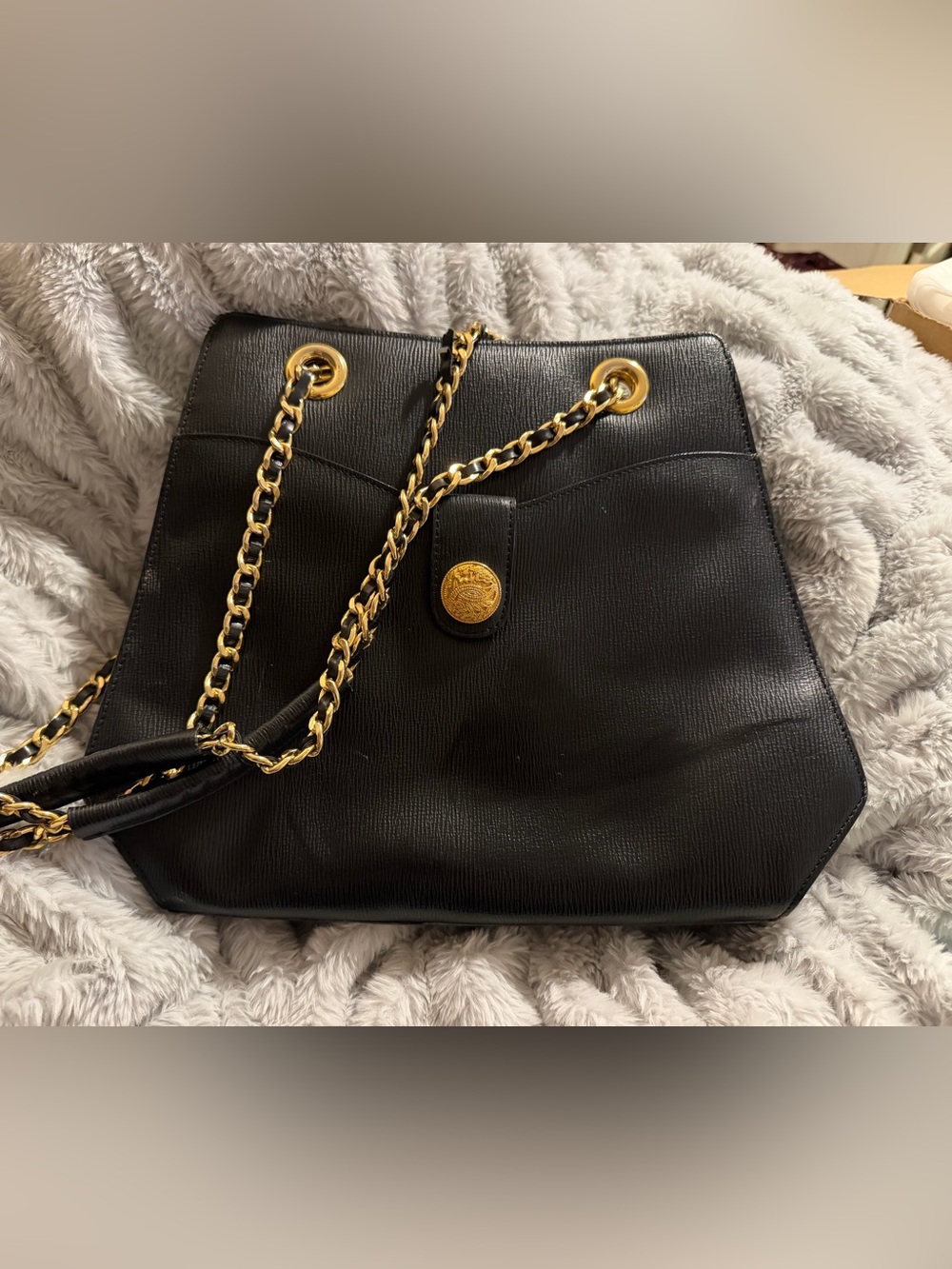 Vintage 80s Black Chain-Handle Tote Bag with Gold Hardware